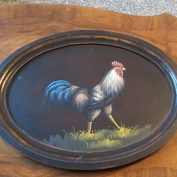 Hand Painted Wooden Oval Painting French Country Rooster 20" x 16"